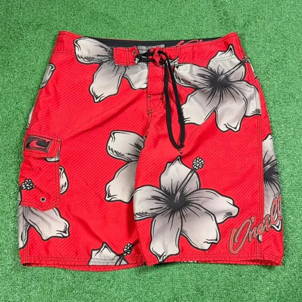 Vintage O’Neill Board Shorts Mens 34 Red Floral Surf Swim Trunks Y2K Hawaiian